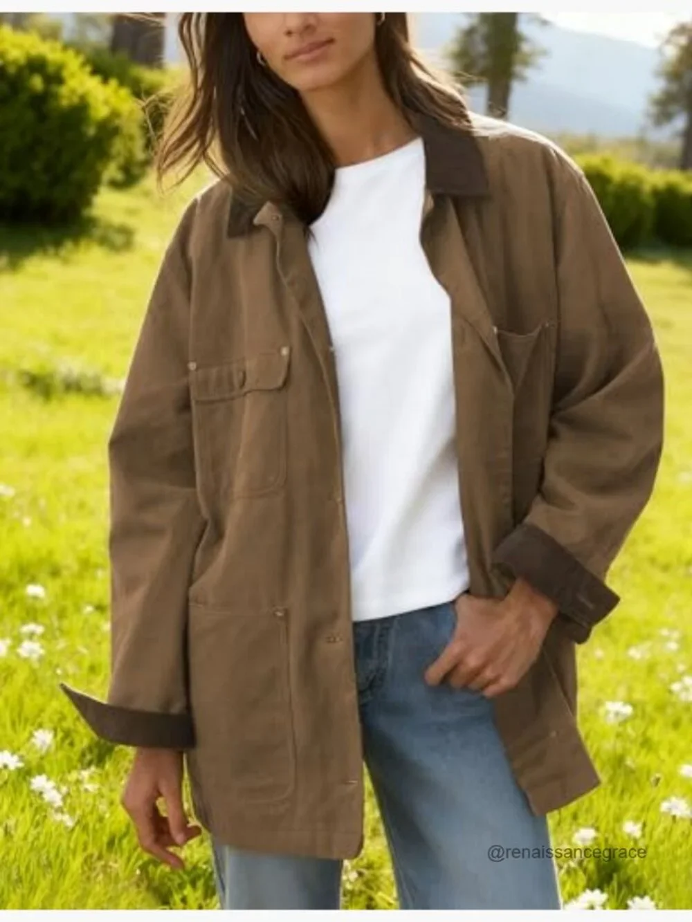 Oversized Utility Jacket Cotton Corduroy Collar Vintage Workwear with Pockets - Picture 4 of 7